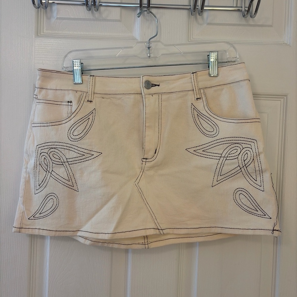 Misguided Cream Embroidered Denim Mini Skirt